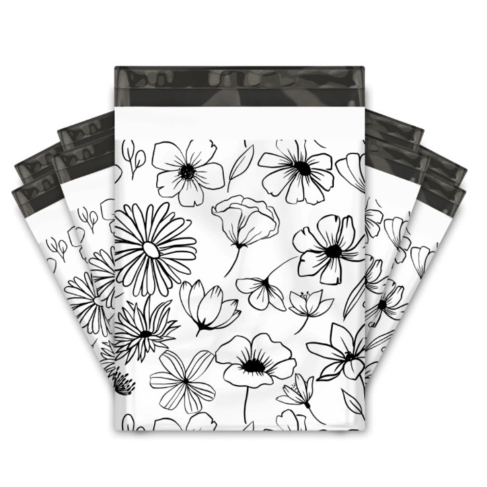 Set of 20 Floral Poly Mailers 10x13 Shipping Envelopes Black White Elegant Pack